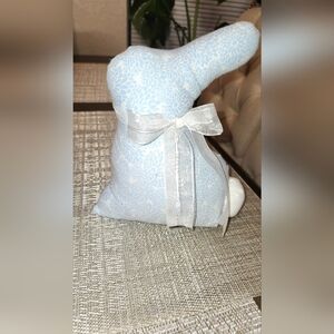 Blue and White Floral Bunny with White Irredescent Ribbon Easter Spring Decor
